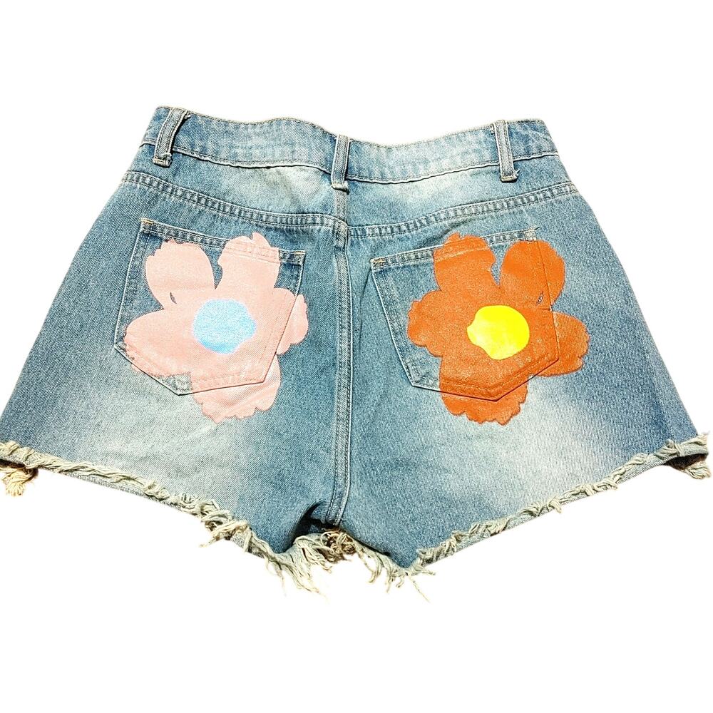 Shein Mod Size 29 Distressed Jean Shorts Painted Floral Flower Cotton Zipper